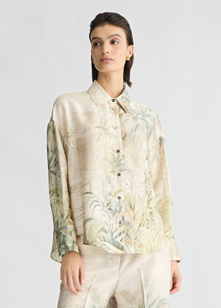 Beige Tropical Patterned Long Sleeve Women's Shirt