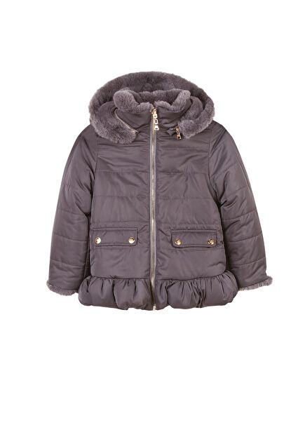 Gri Kapüşonlu Çift Taraflı Kız Çocuk Doudoune Mont
