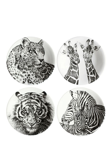 Wild Spirit Patterned White Fine Bone Porcelain Set of 4 Plates