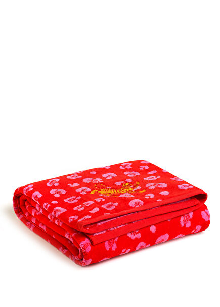 Tabea Pembe Kırmızı Nakışlı Kadife Pamuk Banyo Havlusu