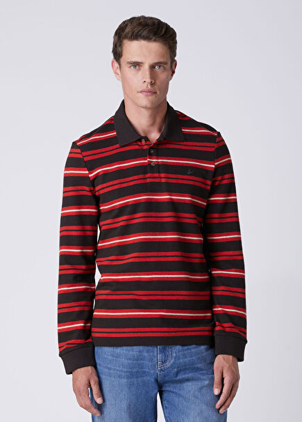 Kahverengi Kırmızı Polo Yaka Sweatshirt