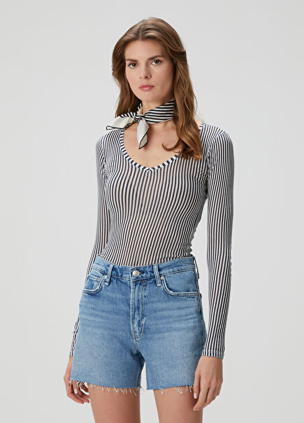 Navy Blue White Striped Long Sleeve T-Shirt