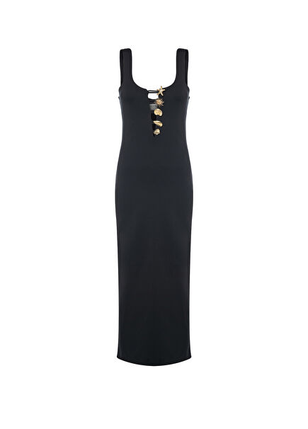 Black Decorative Golden Yellow Buttoned Long Dress with Deep Low-Cut Slit