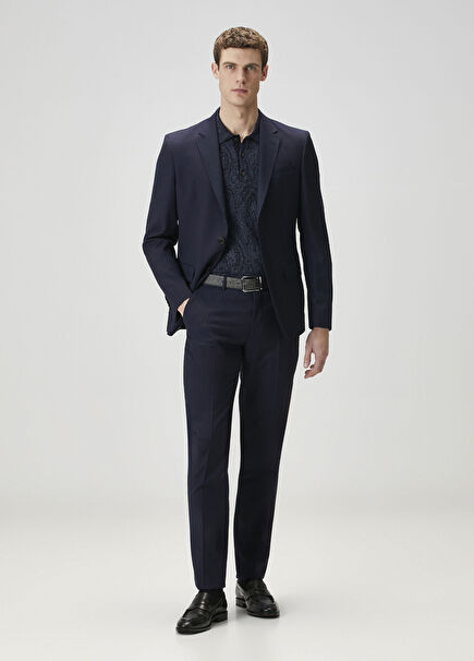 Navy Blue Stripe Patterned Wool Suit