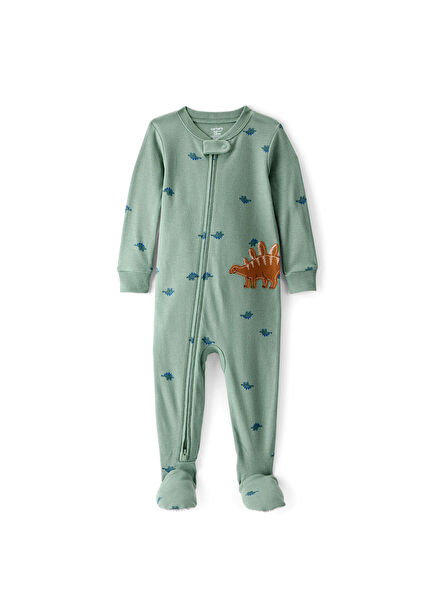 Yeşil Dinazor Desenli Pamuklu Patikli Erkek Çocuk Uyku Tulumu