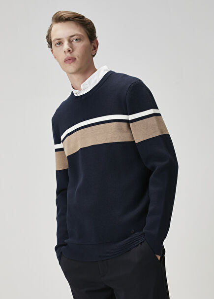 Navy Blue Stripe Jacquard Sweater