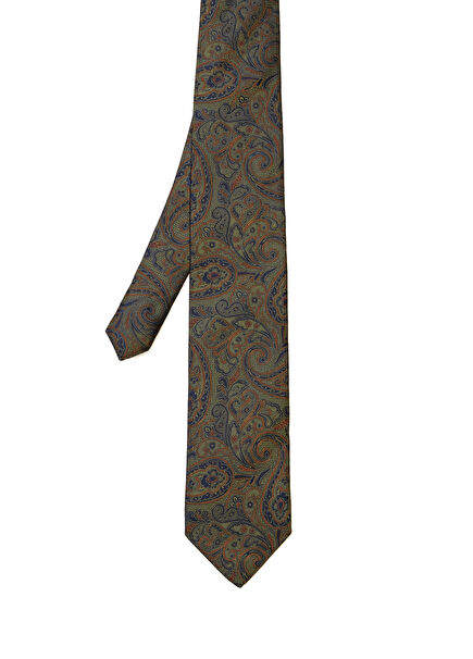 Khaki Paisley Patterned Silk Tie