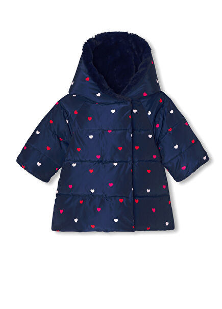 Kalp Motifli Lacivert Kapüşonlu Kız Bebek Şişme Mont