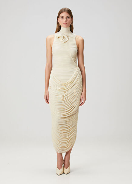 Bej Büzgülü Midi Kokteyl Elbise