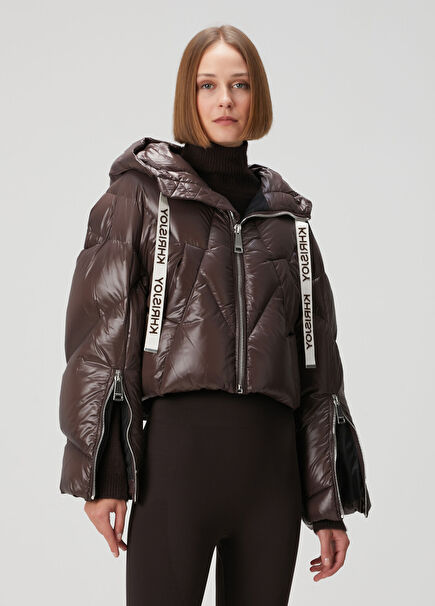 Iconic Milano Crop Kahverengi Kapüşonlu Mont