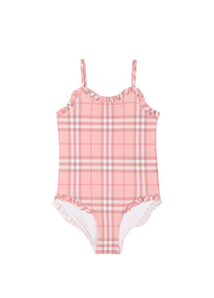 Ruffle Trim Check Pink Plaid Patterned Ruffle Detailed Strappy Girls' Swimsuit