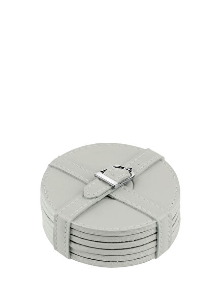 Beige Leather Belted Set of 6 Coasters