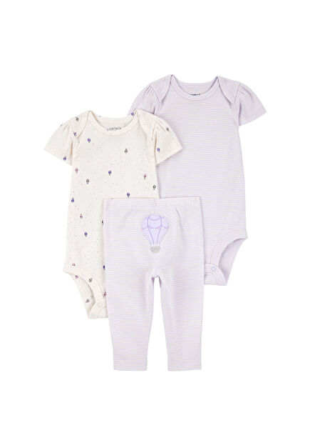 Mor Kısa Kollu Body Pantolon Kız Bebek 3'lü Set