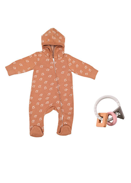 Hooded Brown Jumpsuit Silicone Teether Baby Gift Set