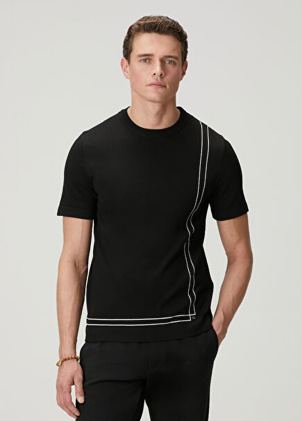 Black Knit Line Jacquard Short Sleeve Sweater