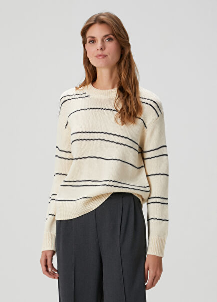 Ecru Navy Blue Striped Wool Sweater
