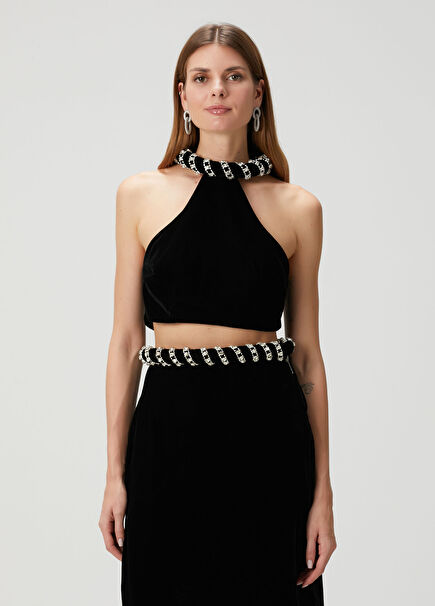 Siyah Crop Kadife Abiye Bluz