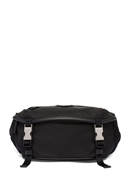 Black Re-Nylon and Saffiano Leather Men's Shoulder Bag