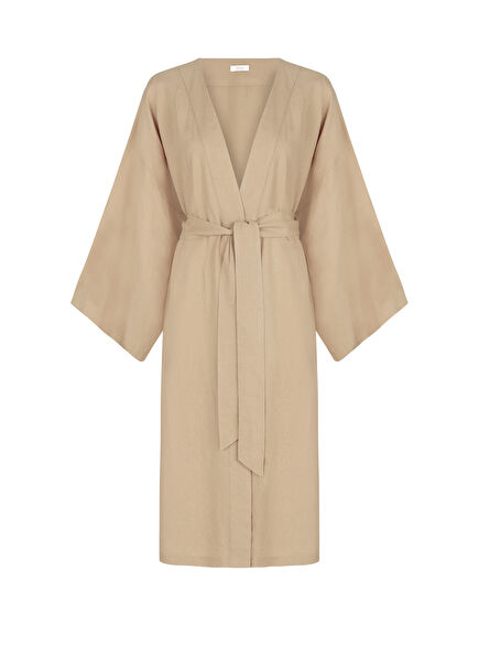 Krem Rengi Keten Kadın Kimono