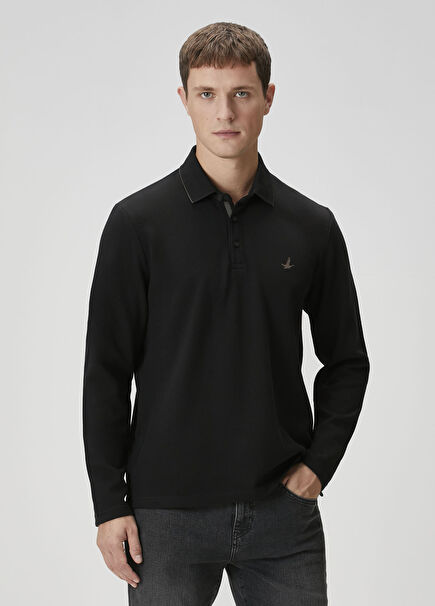 Comfort Fit Siyah Polo Yaka Sweatshirt