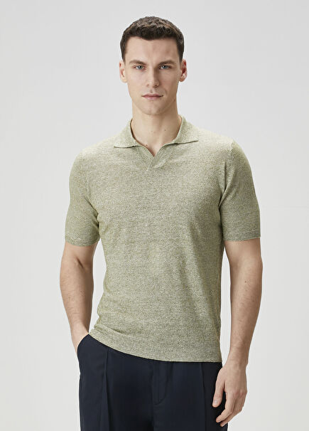 Yeşil Polo Yaka Kısa Kollu Keten Triko