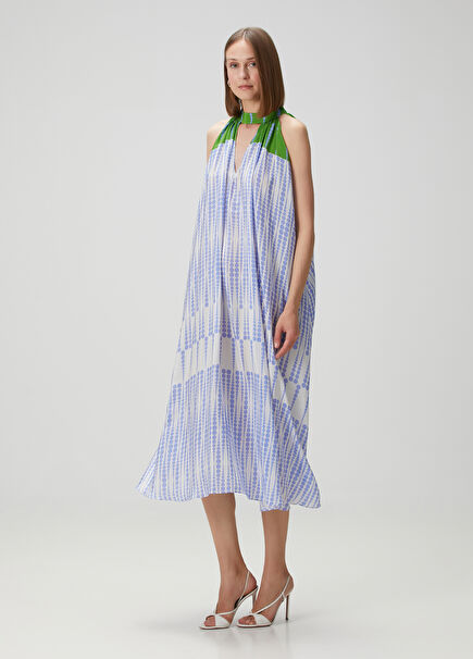 Amber Blue Patterned Midi Silk Dress