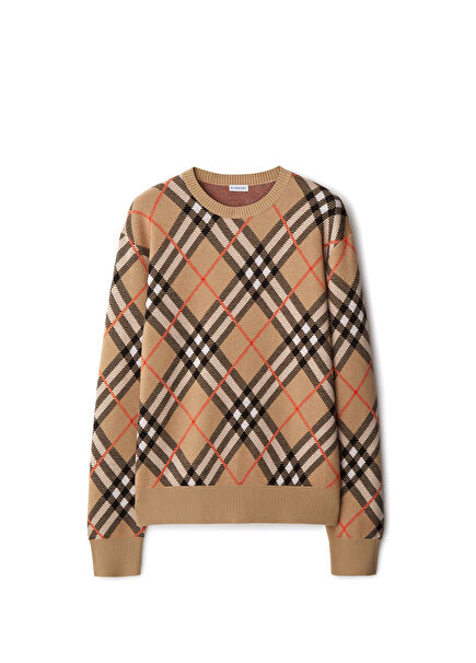 Check Beige Wool Blend Women's Sweater