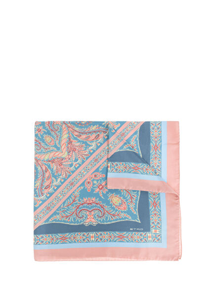 Pembe Mavi Desenli İpek Eşarp