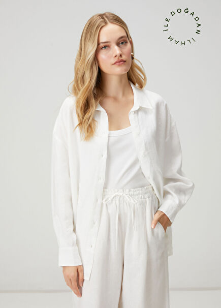 Oversize Kırık Beyaz Logolu Keten Gömlek