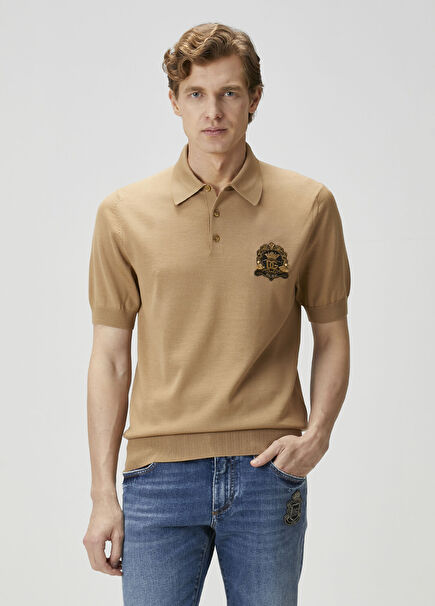 Camel Short Sleeve Wool Polo Sweater