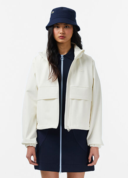 Cream Printed Hooded Regular Fit Women's Raincoat