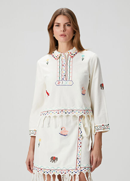 Ludmilla Beyaz Nakışlı Bluz