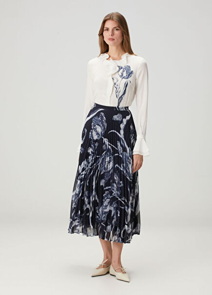 Navy Blue Floral Pleated Midi Skirt