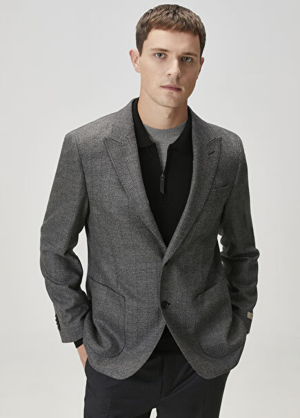 Drop 7 Gri Balıksırtı Desenli Yün Ceket