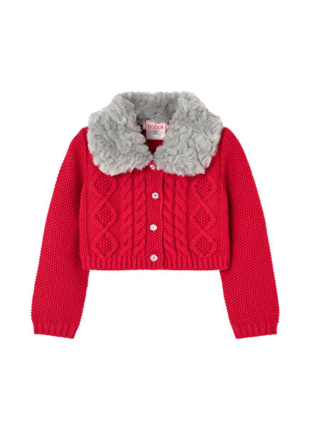 Kırmızı Örme Kürk Detaylı Kız Çocuk Hırka