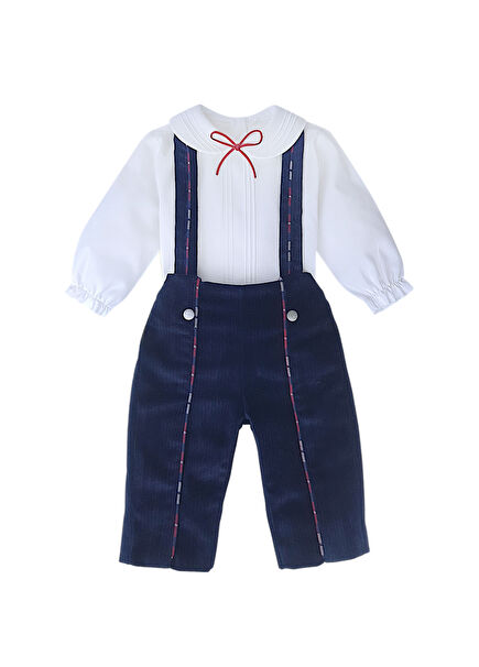Lacivert Kadife Nervürlü Gömlekli Balık Sırtı Desen Salopet Erkek Bebek 2'li Set