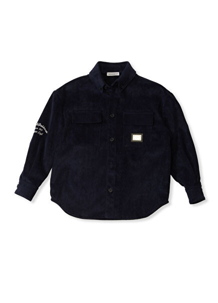Koyu Mavi Erkek Çocuk Kadife Gömlek