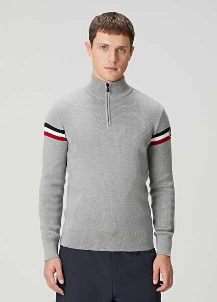 Wengen Gri Yakası Fermuarlı Yün Kazak