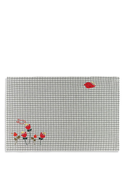 Altar Ecru Grey Checkered Embroidered Placemat 35 x 50 cm