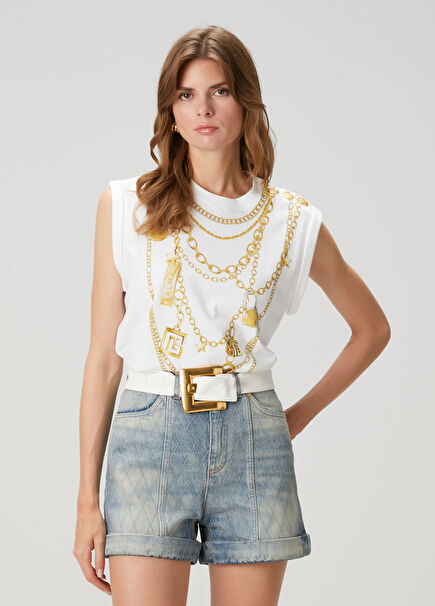 Beyaz Gold Zincir Baskılı Atlet