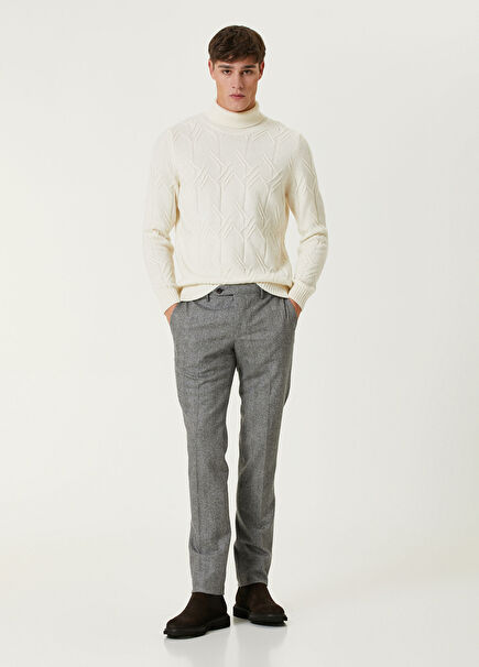 Gray Herringbone Patterned Wool Trousers