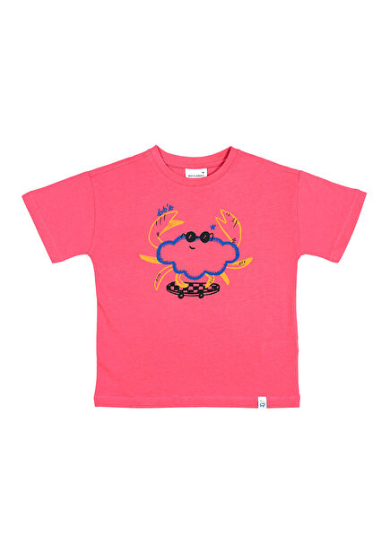 Cool Funny Crab Baskılı Pembe Oversize Kısa Kollu Kız Çocuk T-Shirt