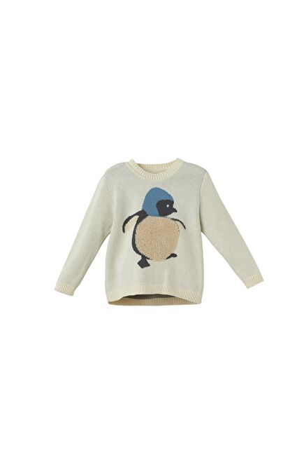 Ecru Organic Cotton Penguin Patterned Sweater