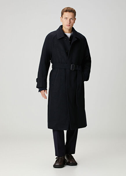 Navy Blue Belt Detail Wool Coat