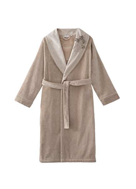 Masal Bej Nakışlı Organik Pamuk Kadın Bornoz