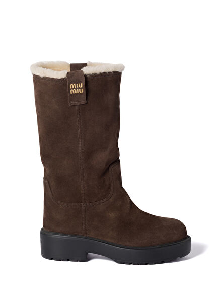 Kahverengi Süet ve Kürklü Deri Diz Altı Kadın Çizme