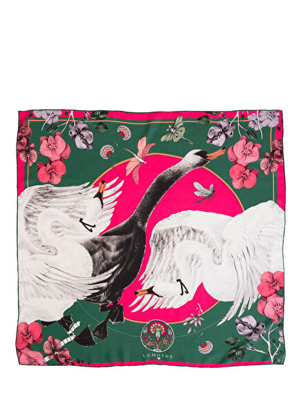 Cabala Kuğular ve Orkideler Orman Yeşili İpek Twill Kadın Eşarp 90 cm