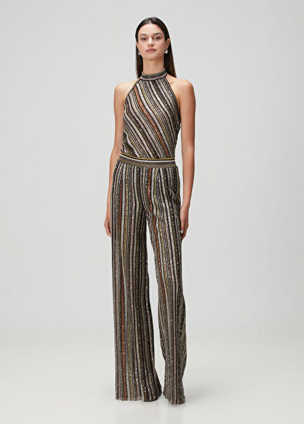 Kahverengi Çizgili Payetli Pantolon