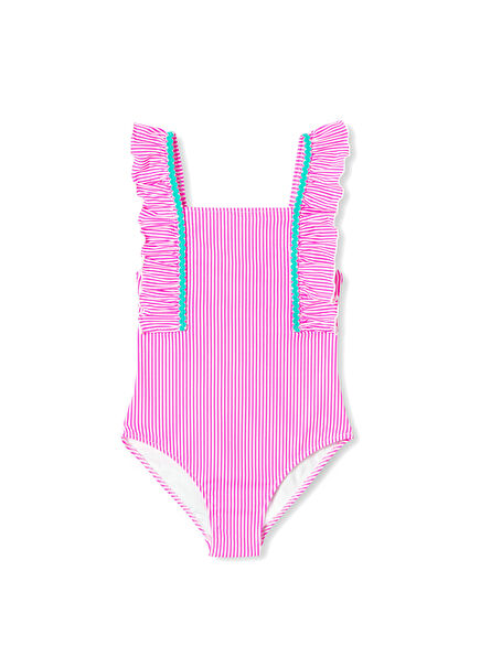 Pink Striped Ruffle Detailed Girls' Swimsuit