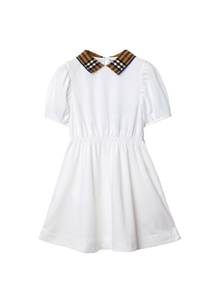Check Collar Beyaz Pamuklu Kısa Kollu Kız Çocuk Elbise